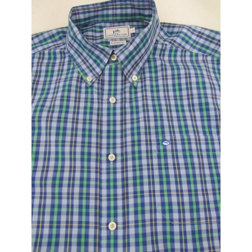 Southern Tide Classic Fit Size L Blue Check n Button Down Cotton Shirt Plaid